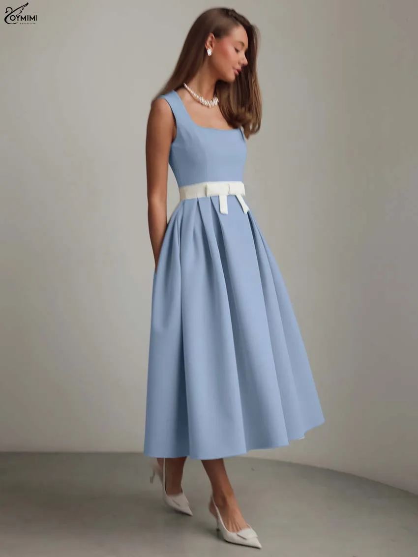 

Oymimi Fashion Blue Patchwork Dresses 2025 Woman Elegant Square Neck Sleeveless Dresses Casual Loose Mid-Calf Dress Streetwear