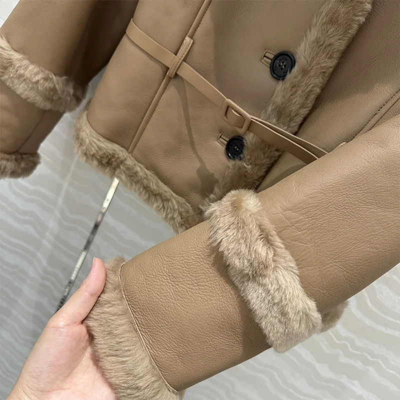 2024 AW Autumn New Cashmere Tweed Jacket Women Khaki Vintage Lapel Lace Up Leather Jacket Luxury Brands Women\'s Coats Short