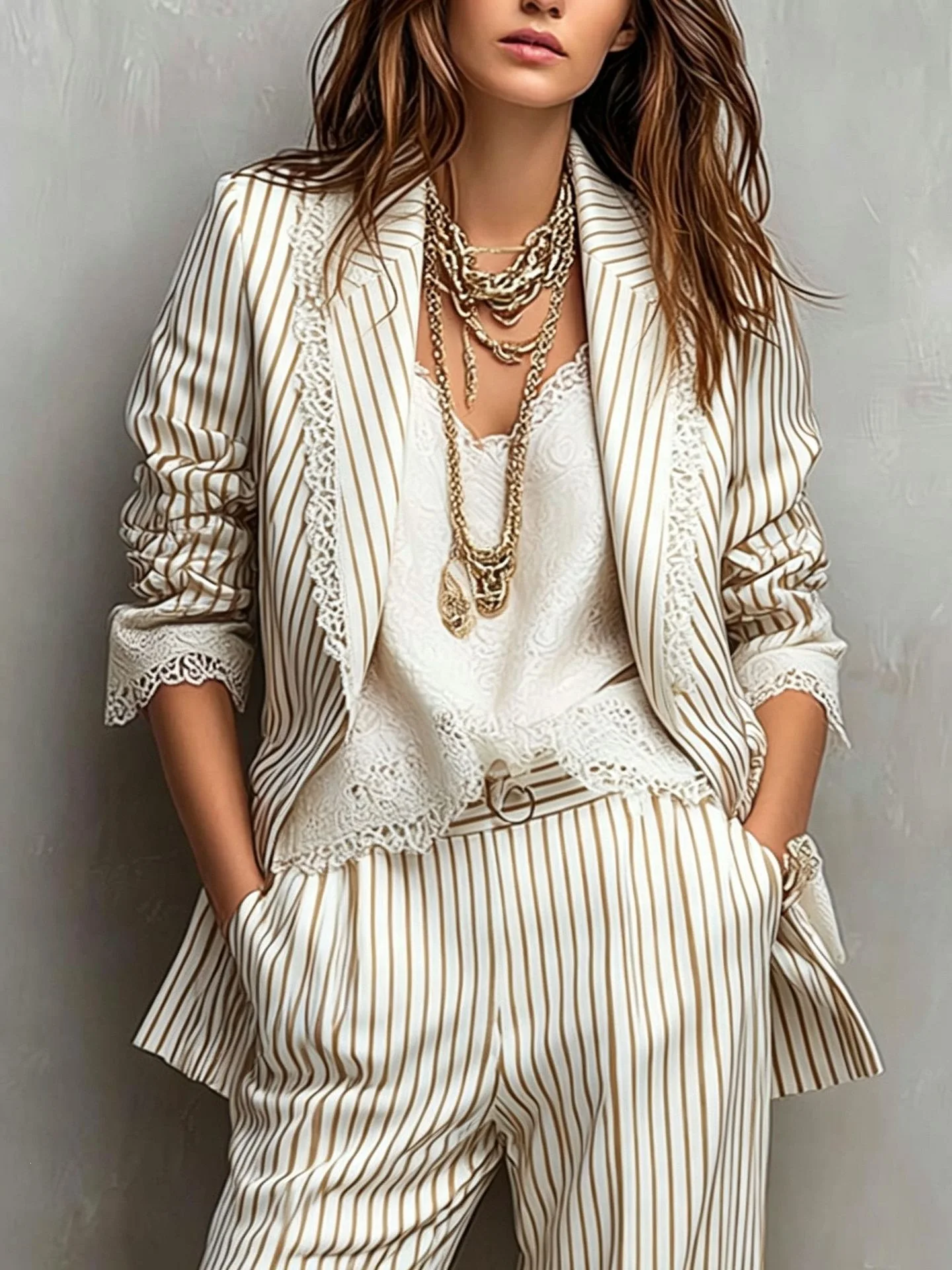 Fashion Stripe Two Pieces Suit Set for Women Long Sleeve Peak Lapel Short Blazer Jackets Straight Leg Pant Set Female Clothing