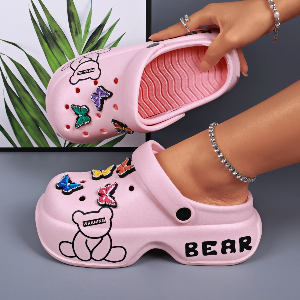 Zuecos de mujer, zapatos elegantes de tacón para mujer, zapatos cómodos para mujer, suela gruesa, estampado de mantequilla, zapatos de verano para playa y jardín