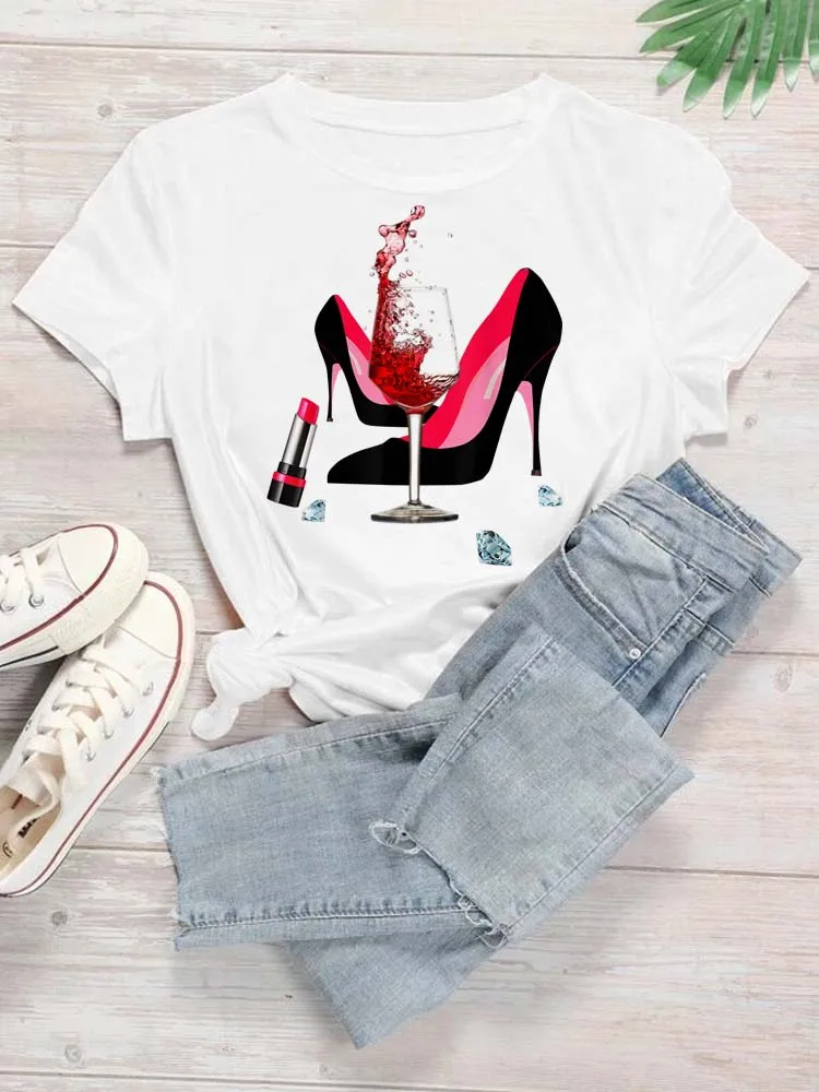 Maycaur New High Heel Wine Glasses Graphic Print T Shirt Women Funny Tshirts Casual White Short Sleeves Tops Tees Feamle Clothes