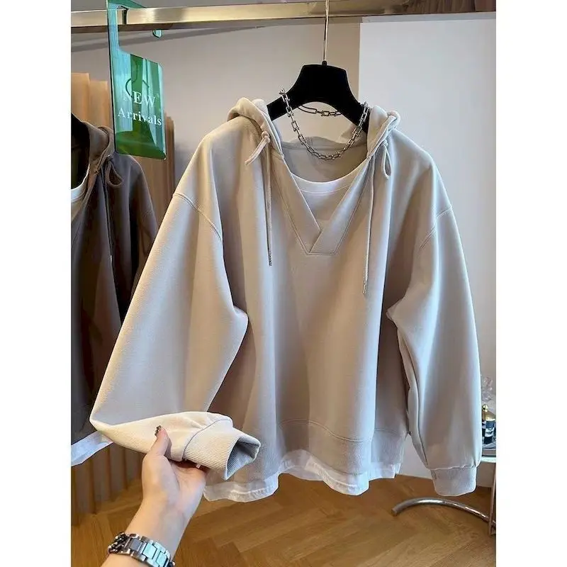 Hoodie wanita, Hoodie gaya Korea Wanita desain mode, Hoodie palsu dua potong, kaus bertudung longgar kasual musim semi musim gugur, atasan trendi Y2k