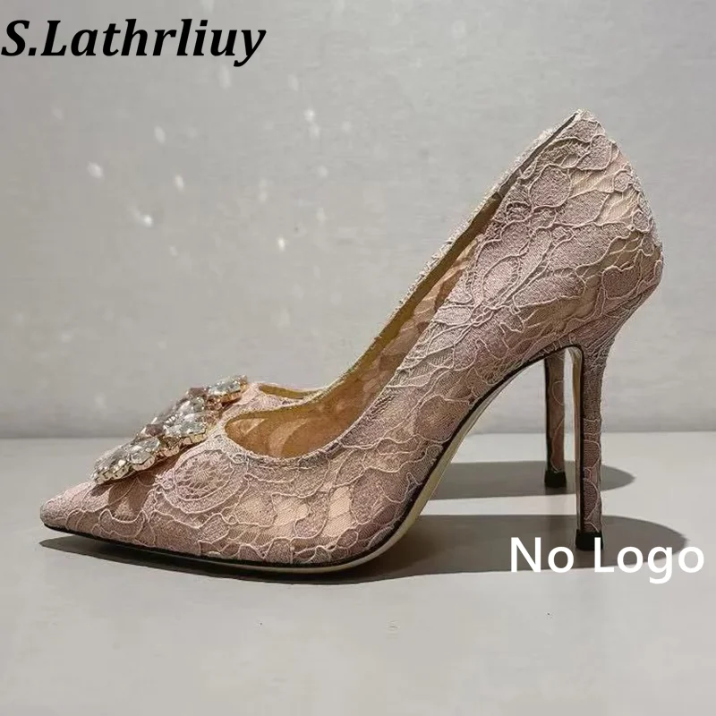 Pumps Women's Breathable Lace Pointed Toe Thin High Heels Shoes Spring Summer Shallow Mouth Sexy Rhinestone Party Dress Shoes