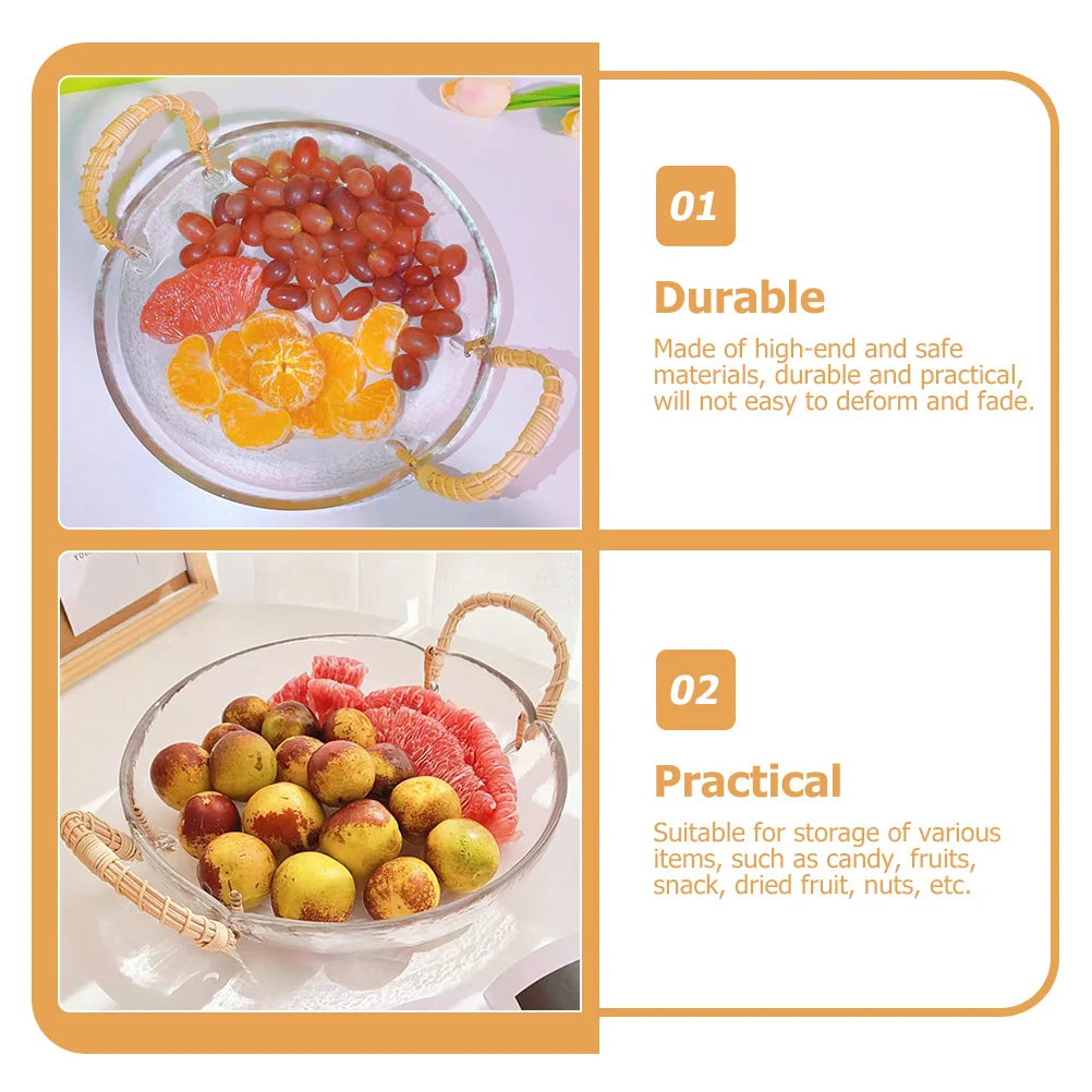 

Glass Fruit Basket Handheld Rattan Handle Fruit Tray Multipurpose Serving Tray for Snacks Candy Display Snacks Storage Holder