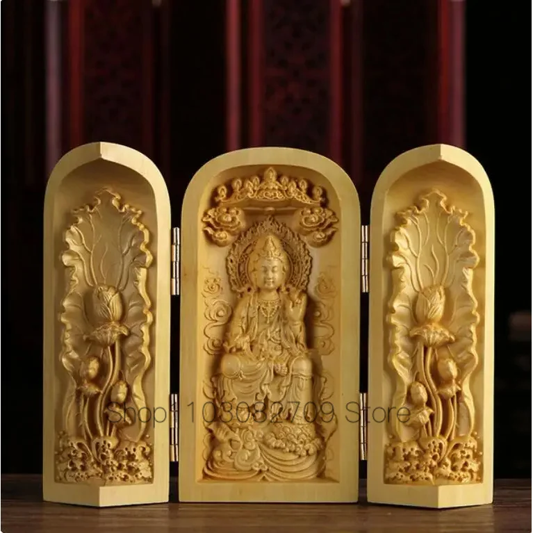 Boxwood Wood Carved Decor Three Open Box Guanyin Guan Yu Ksitigarbha Three Holy Buddhas Craft Home Decoration Ornament Statue