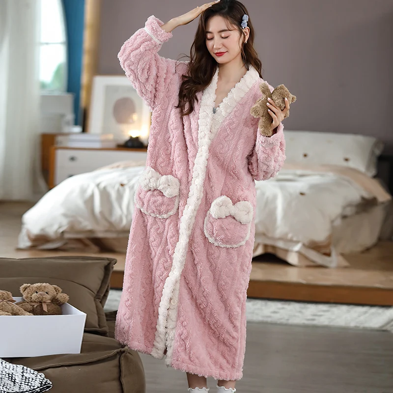 New Winter Bath Robe Women Pijama Pink Sleepwear Soft Flannel Spa Robes for Girls Birthday Party Solid Kawaii Pajamas for Girls