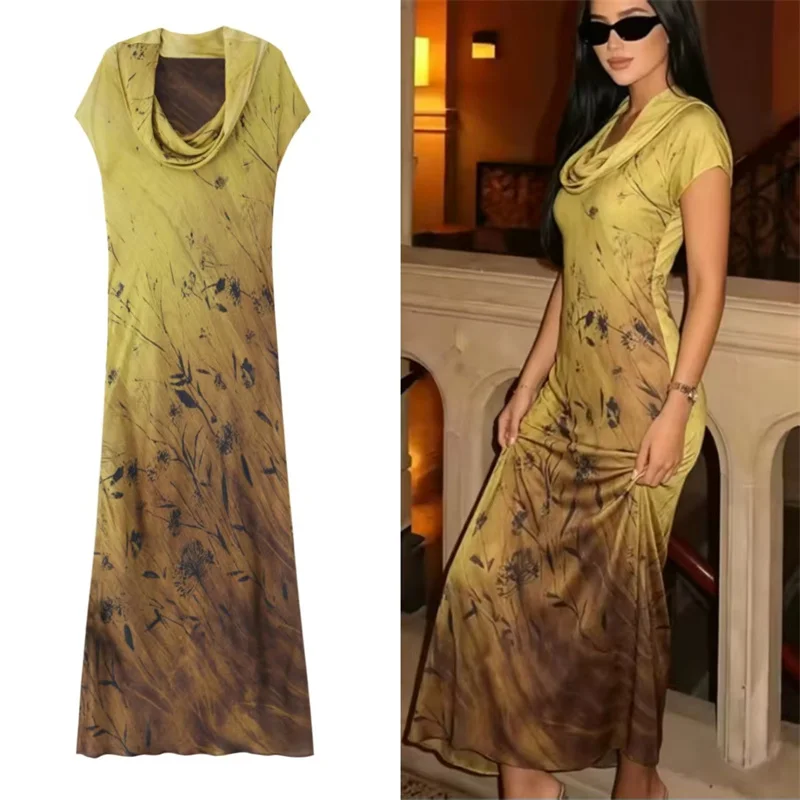 Guobioziy 2026 Summer New Women's Dress Gradient Printed Short Sleeve Long Dress Elegant and Graceful Perfect for Parties