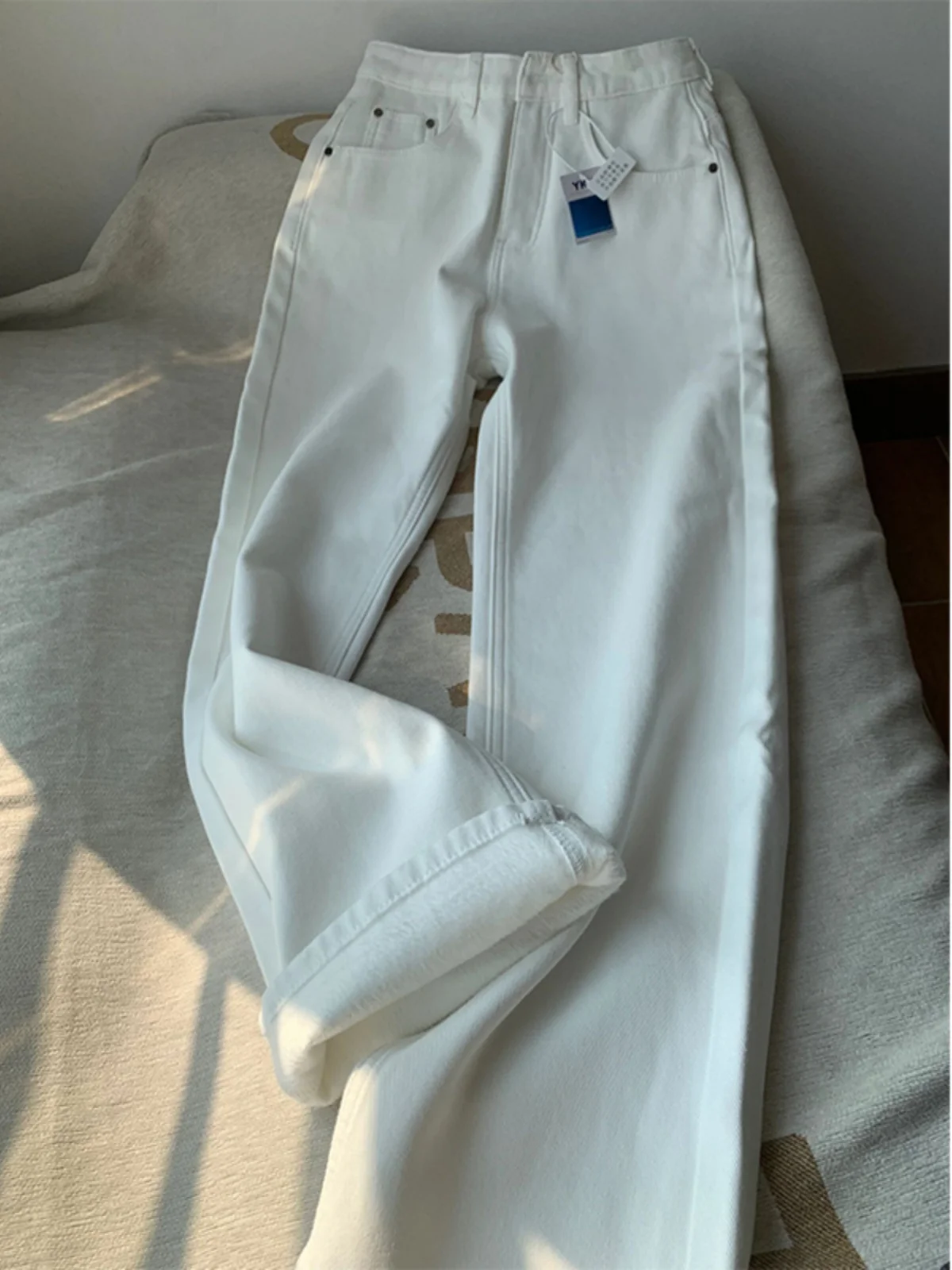 

White High Waist Wide Leg Fce Lined Jeans Women Summer Trend plus Size Loose Straight Cut Slimming Floor Length Pants