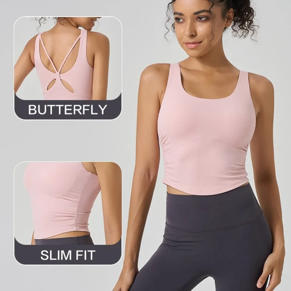 Reggiseno sportivo da yoga a coppa fissa da donna - Canotta da allenamento con vita increspata incrociata sul retro per pilates, palestra, fitness all'aperto