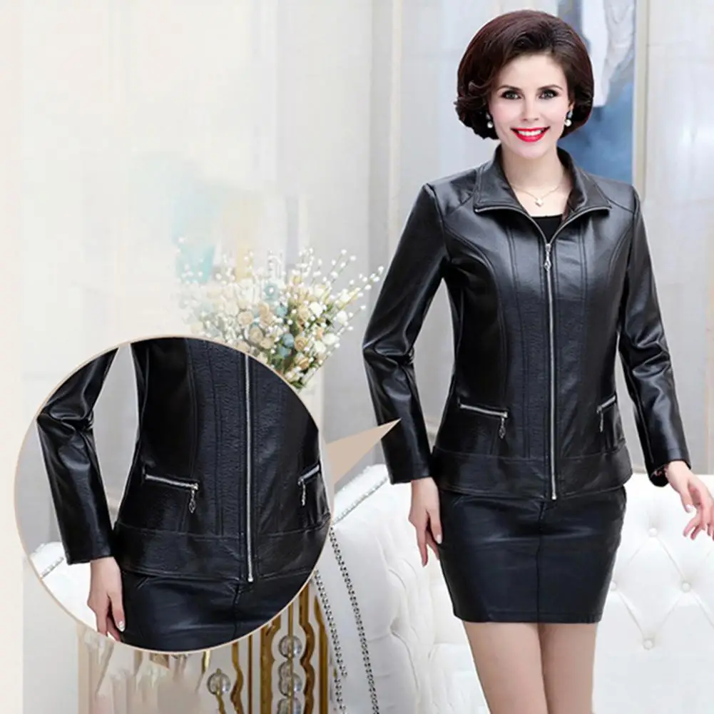 Plus Size Coat Stylish Mid-aged Women's Faux Leather Motorcycle Jacket with Zipper Pockets Plus Size Retro Outerwear for Travel