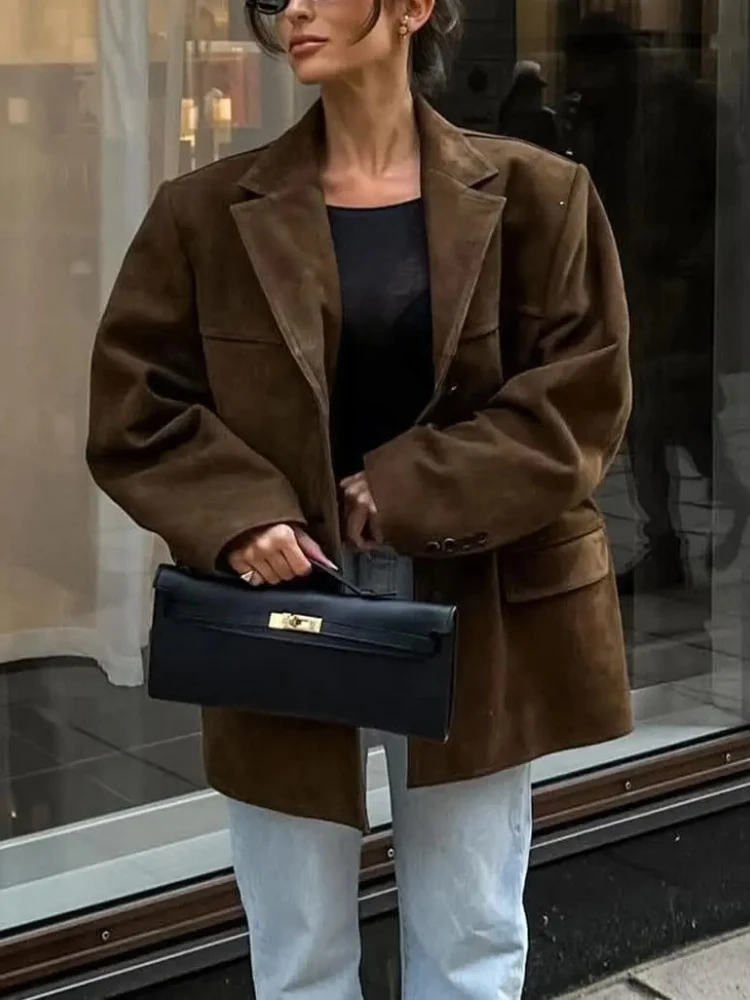

Autumn Winter Brown Frosted Suede Retro Lapel Coats Loose Suede Jacket Women's Solid Color Straight Tube Long Sleeved Clothing