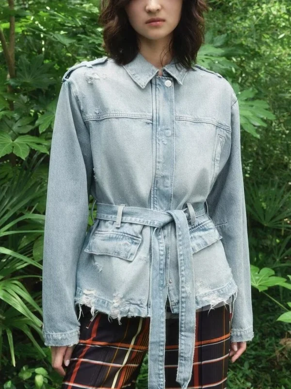 Fall 2025 New Oversize Denim Jaet with Belt And kets Women's Casual ort Coat Loose Fit Cotton Long Sve Zipper Closure