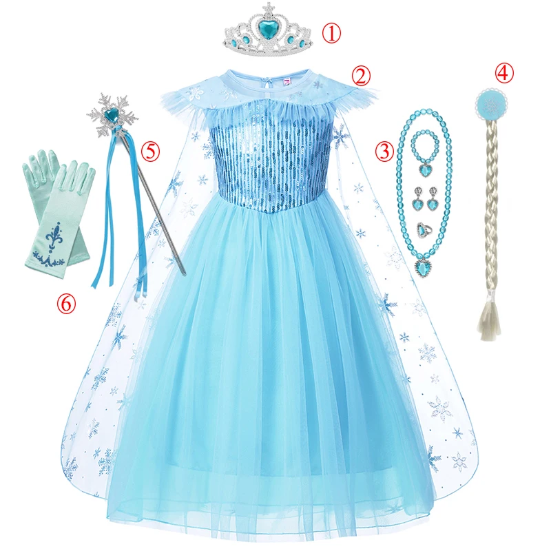 

Girls Elsa Cosplay Dress Fancy Costume Girl Snow Queen Halloween Birthday Party Children Princess Clothes Cloak