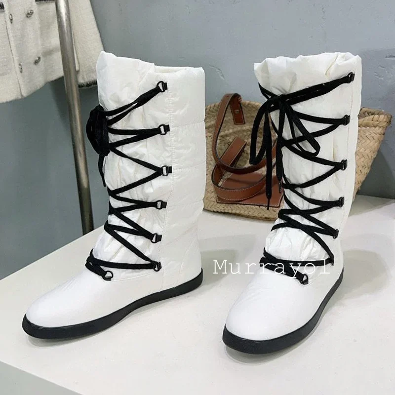 Waterproof Down Warm Lace-up Snow Boots Women Round Toe Anti Slip Solid Color Knee-High Boots  Winter Outwear Warm Long Boots