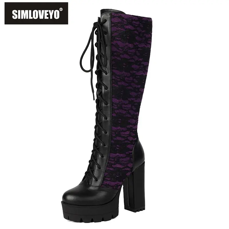 

SIMLOVEYO 2025 Luxury Ladies Knee High Round Toe Block Heels 11.5cm Platform 3.5cm Tie Up Mixed Shades 49 50 Fashion Boots