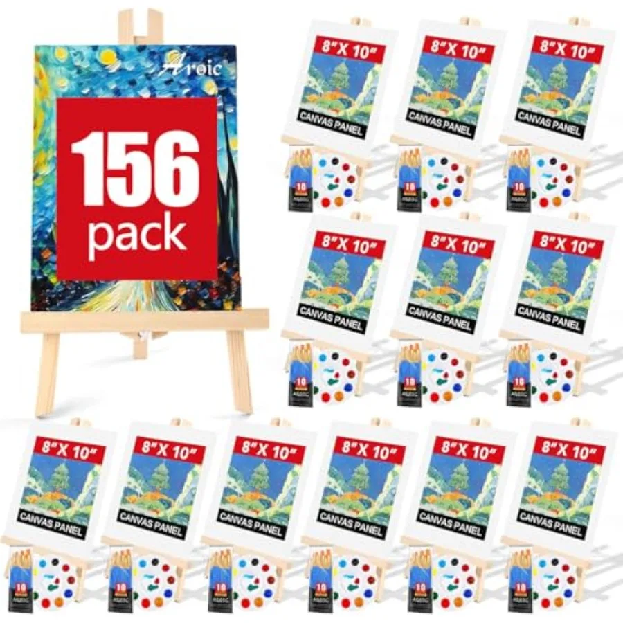 

156 PCS Professional Painting Set with Easels, 12 Wood Easels, 120 Brushes with Nylon Brush Head, 12 Drawing Boardart and 12 Pa