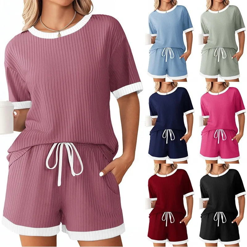 

Summer Women Pajama Cotton With Shorts Loungewear Set Cap Sleeve Pocket Sleepwear Set Drawstring Waist Contrast Trim Pajamas