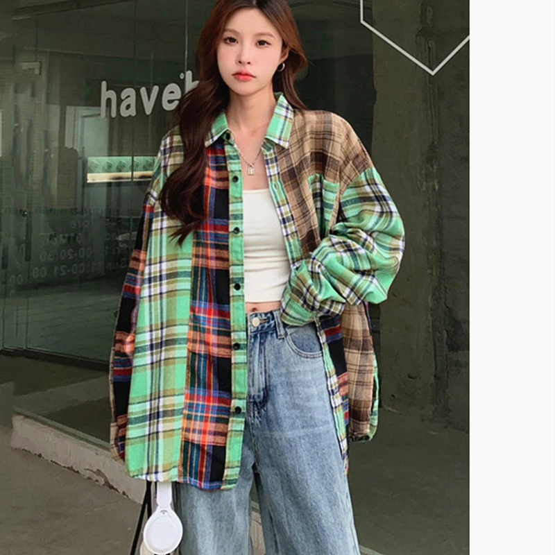 Personality Patch Plaid Shirts Women Men Oversized Harajuku Long Sleeves Tops High Street Chic Summer Simple College Blouse Coat