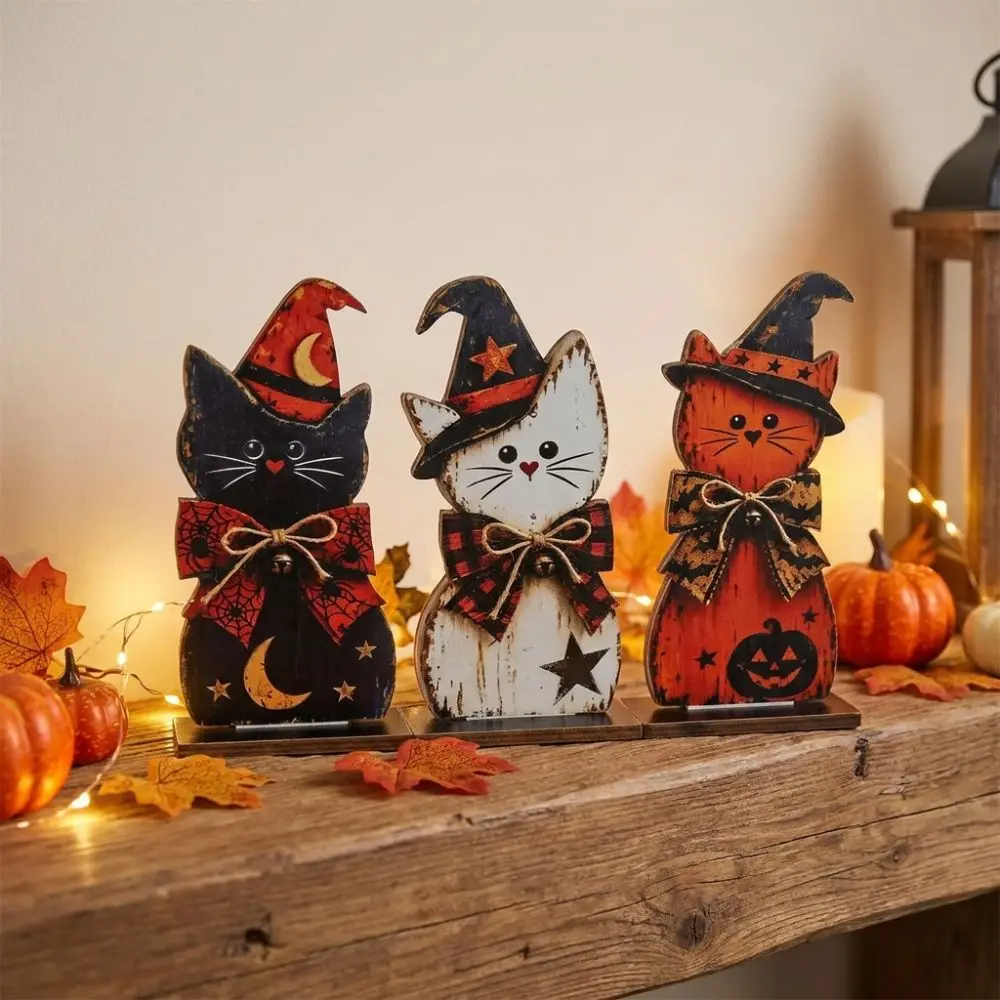 3Pcs Thickened 2D Flat Wooden Halloween Witch Cat Set Autumn Plaid Bows Witch Hat Cat Table Ornament Moon Star Stable Base