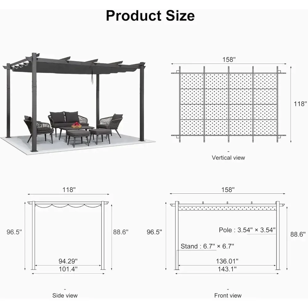 Pérgola retráctil para exteriores, toldo de sombra para Patio, refugio de Metal para jardín, enrejado de uvas, pérgola gris, 10X13 pies