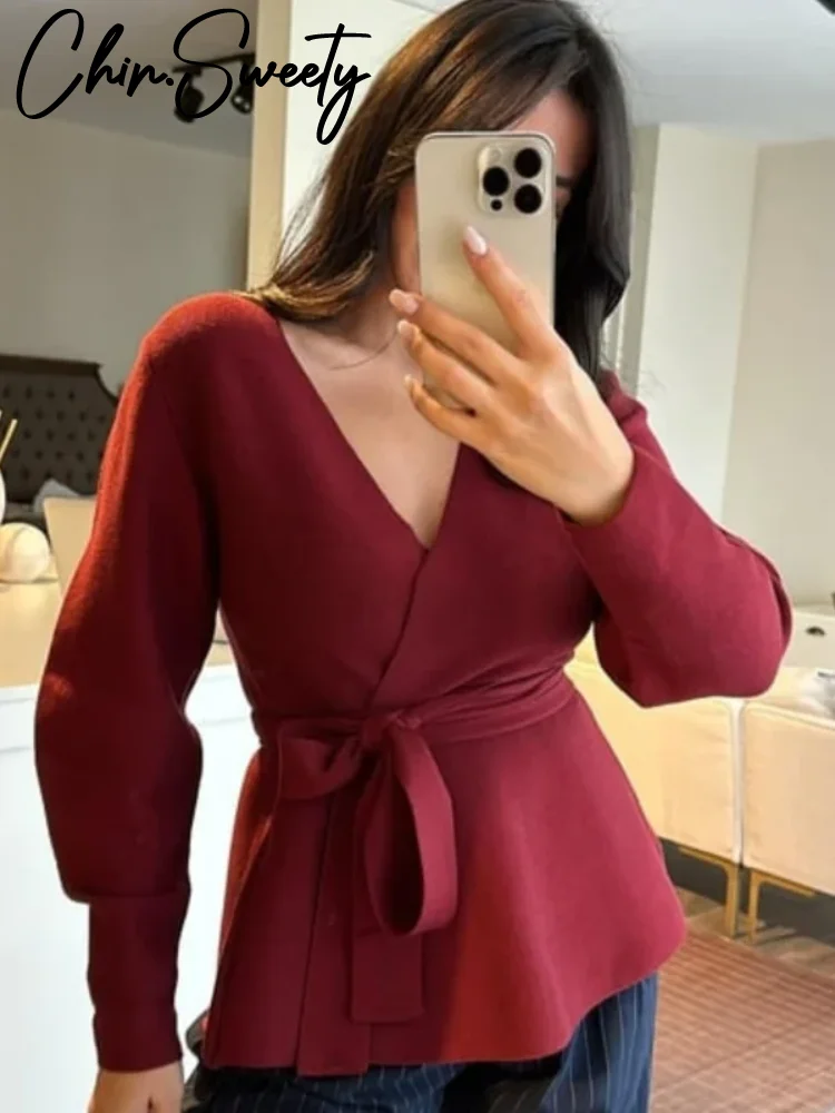 Casual Lace Up Belt Women Cardigan Full Sleeve V Neck Lady Coat 2025 Winter Fashion Spring Elegant Loose Solid Female Outwear