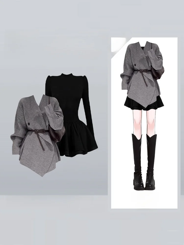 

Ele вязаный свитер, пальто, женское осенне-зимнее пальто Hepburn Sle Long Sve Dr, комплект из двух предметов, верхняя одежда с застежкой на талии