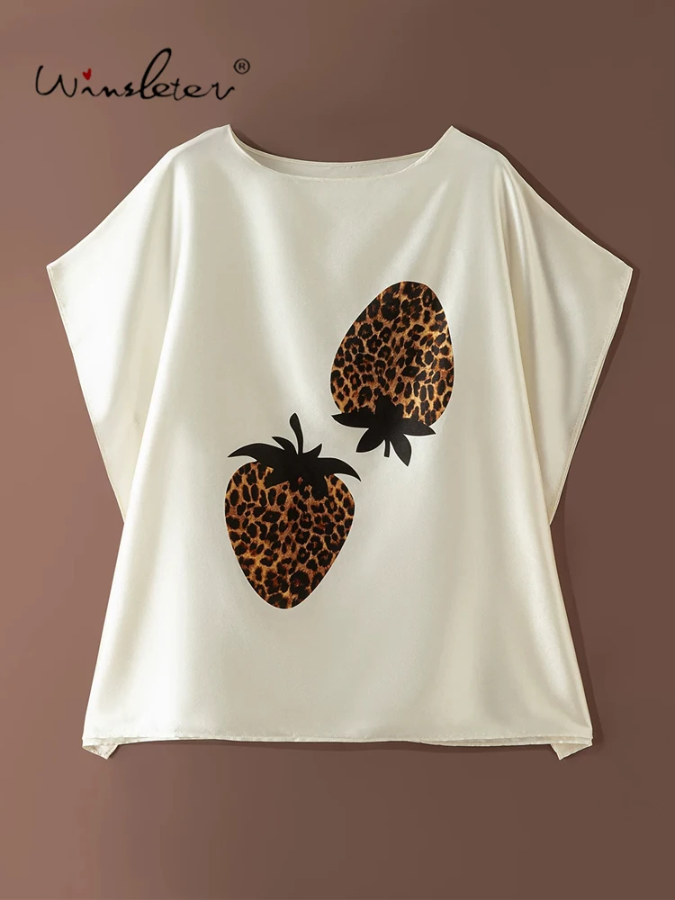 Winsleter-93%Silk 7%Spandex Elegant T-Shirt, Batwing Sleeve Print, Women Fashion Commute Loose Top, 2026 Summer New T67733CC
