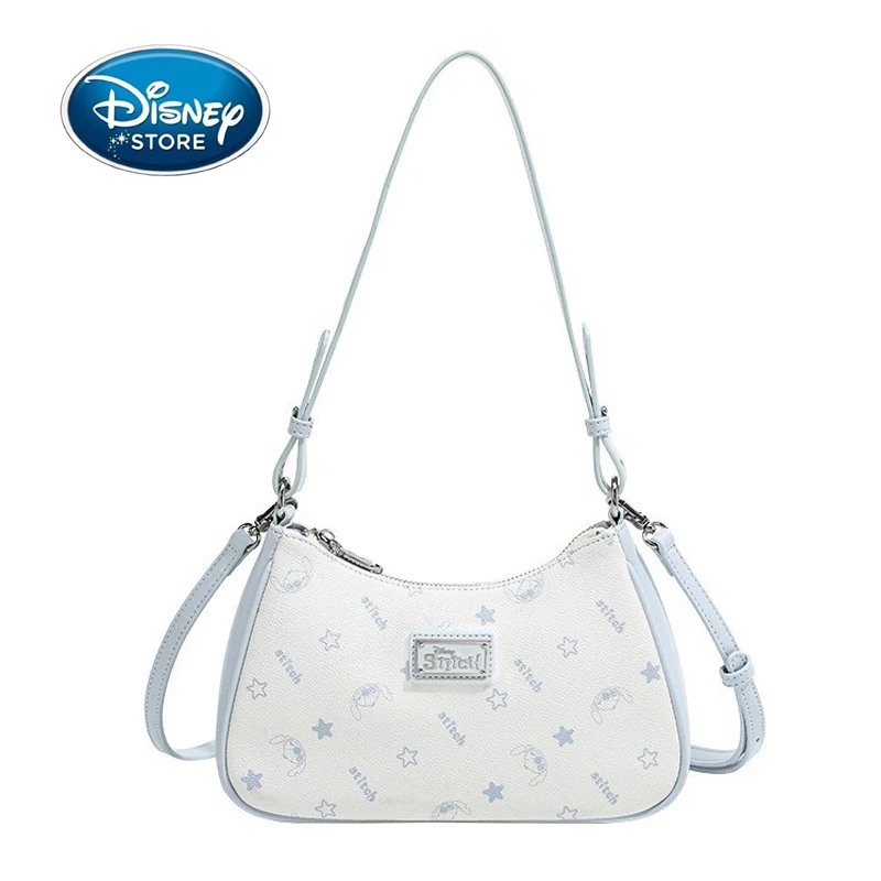 

Disney Original Stitch Women Underarm Bag Light Blue PU Leather Printed Handbag Lady Single Shoulder Crossbody Crescent Bags