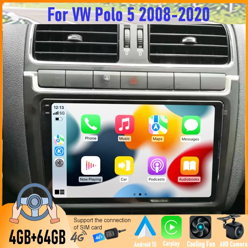 9' Carplay Android 15 Head Unit For VW Polo 5 2008-2020 GPS Navigation Radio Stereo with Bluetooth And FM 64G Storage