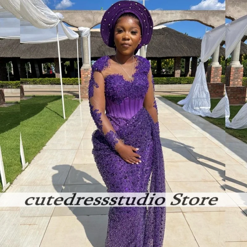 Robe de soirée de forme sirène, violet foncé, avec des appliques de perles, personnalisée, col transparent, longue, robe de soirée de mariage, robe de bal pour femmes