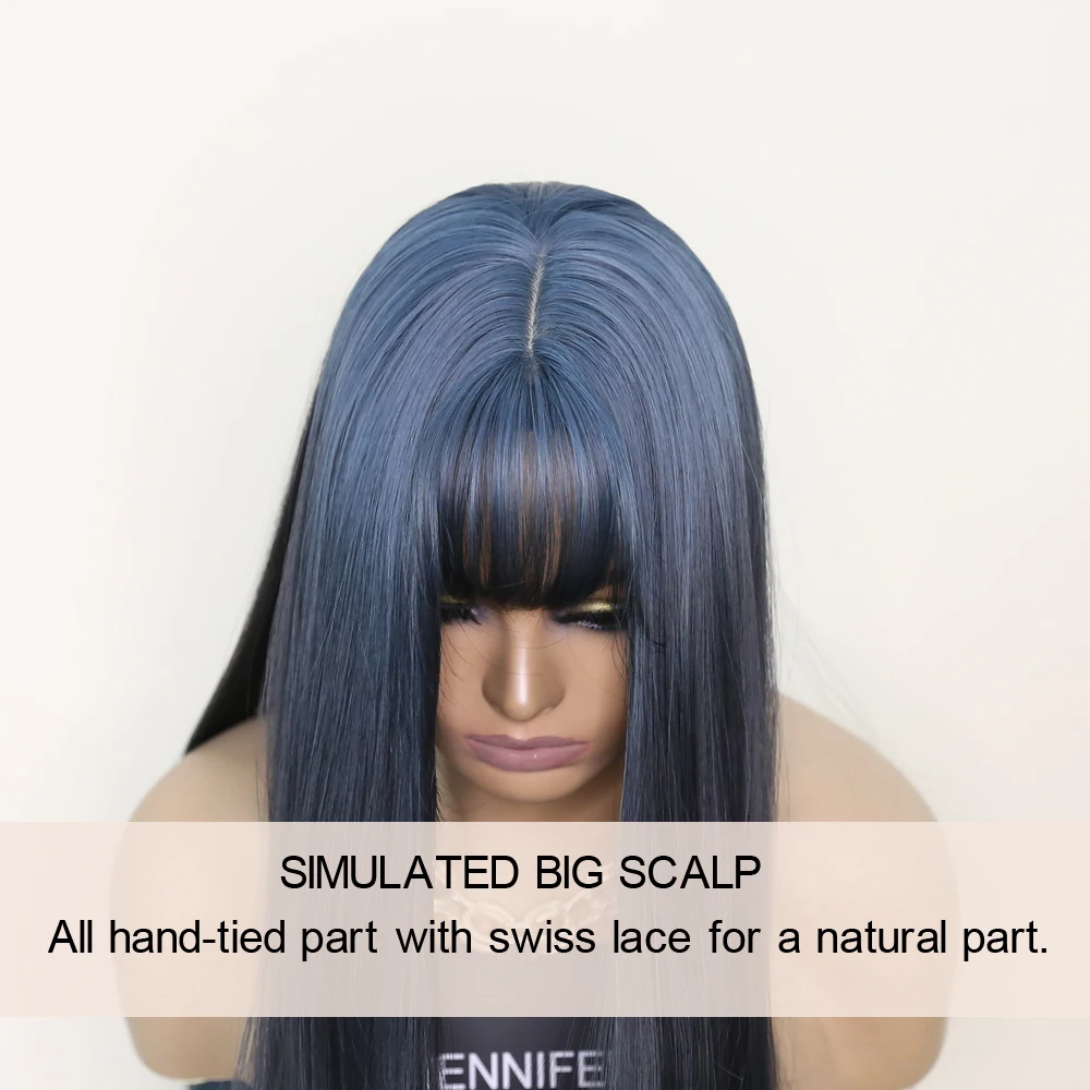 Synthetic Wigs Long Silk Straight wig with Bangs Lake Blue color Cosplay Wigs For Woman Heat Resistant Fibre Full Mechanism wig