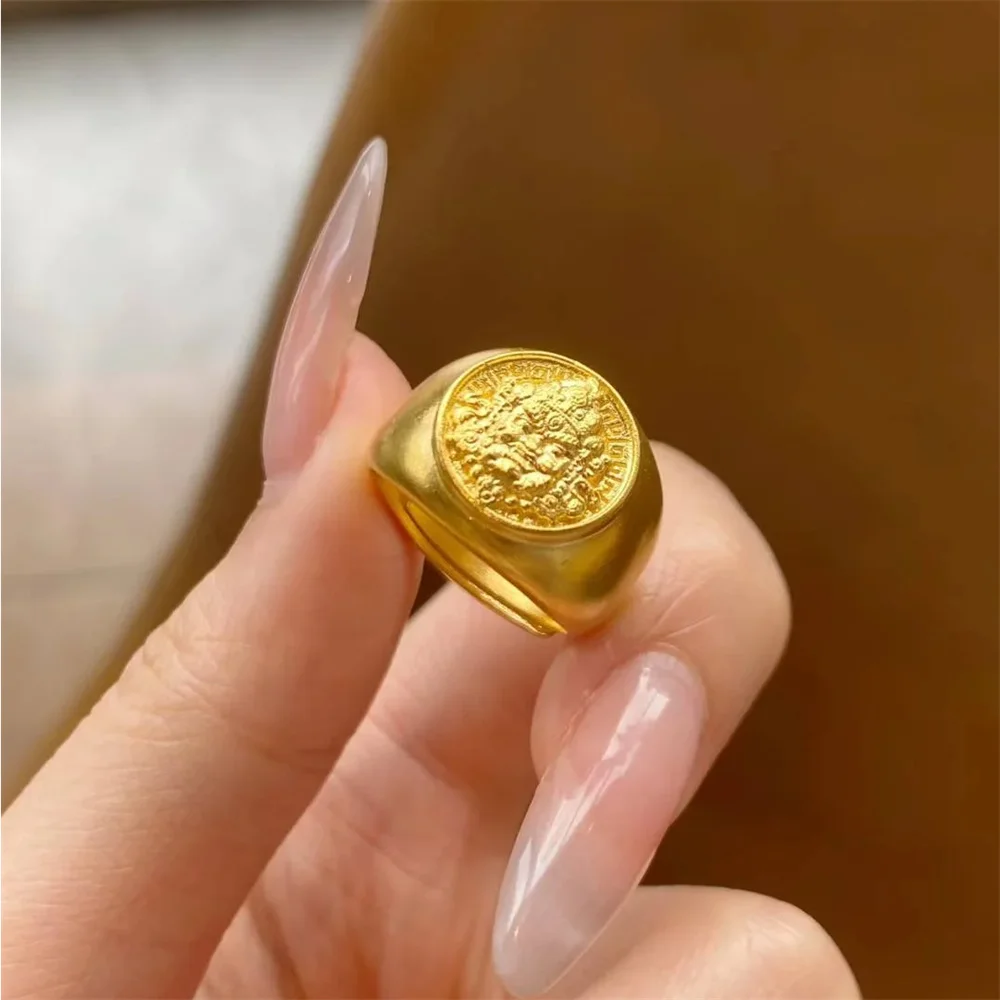 AU999 24K Solid Gold God Of Wealth Fu Character Adjustable Open Ring, Lucky Mascot Men Gold Ring Father Birthday Gift