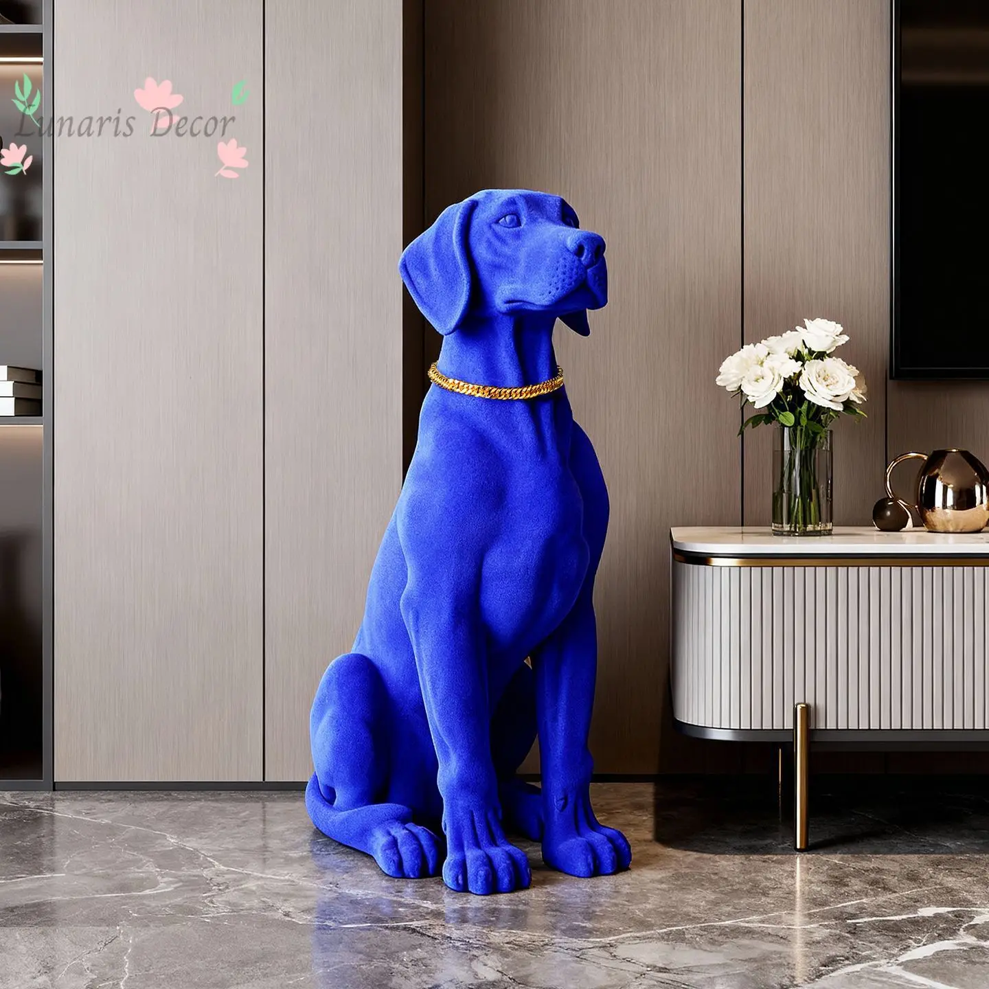 Blue velvet golden retriever floor ornament, high-end modern light luxury living room TV cabinet, sofa decoration housewarming