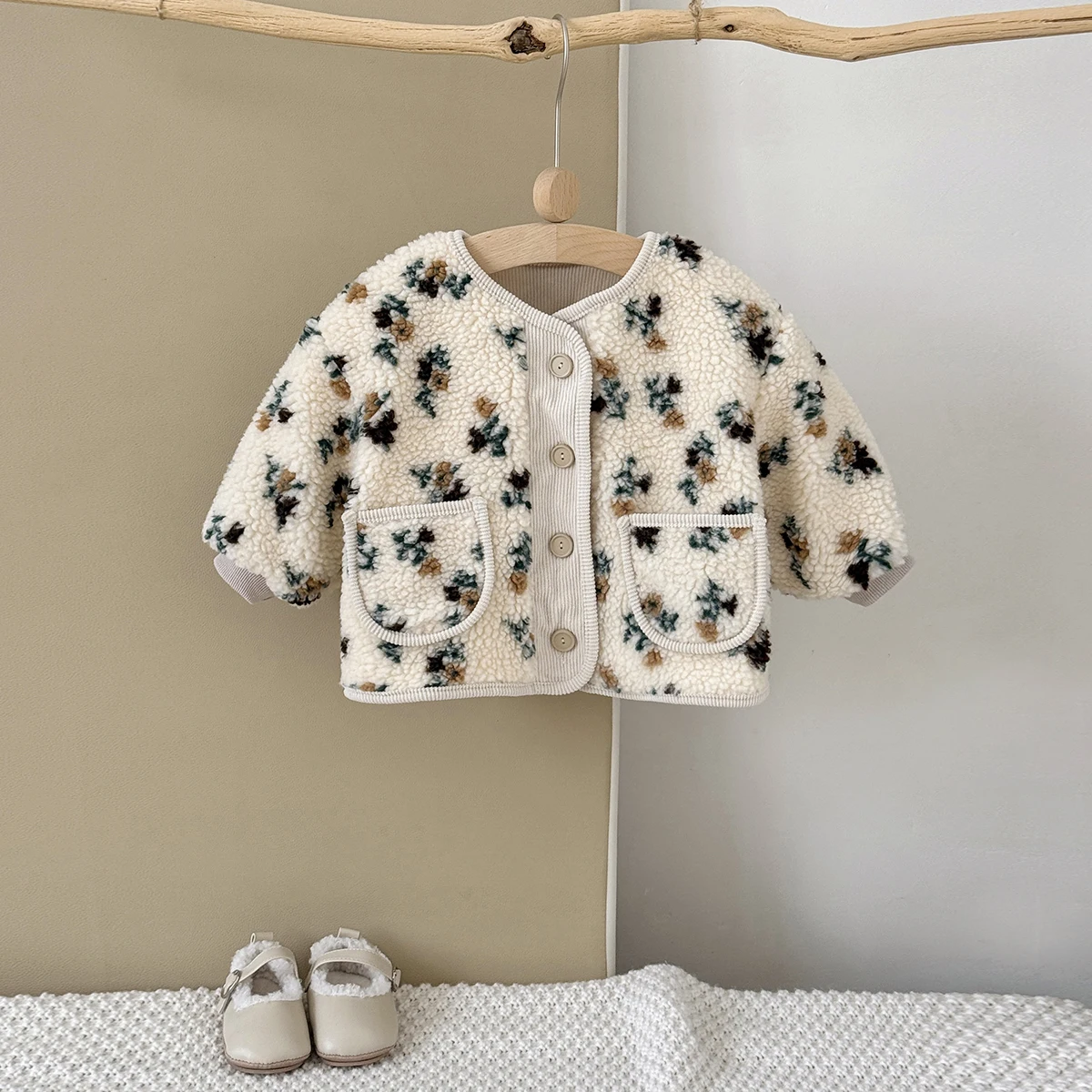 Winter Baby Small Flower Printed Thick Buttons Jacket Top Plush Warm Children Clothes Overcoats Girls