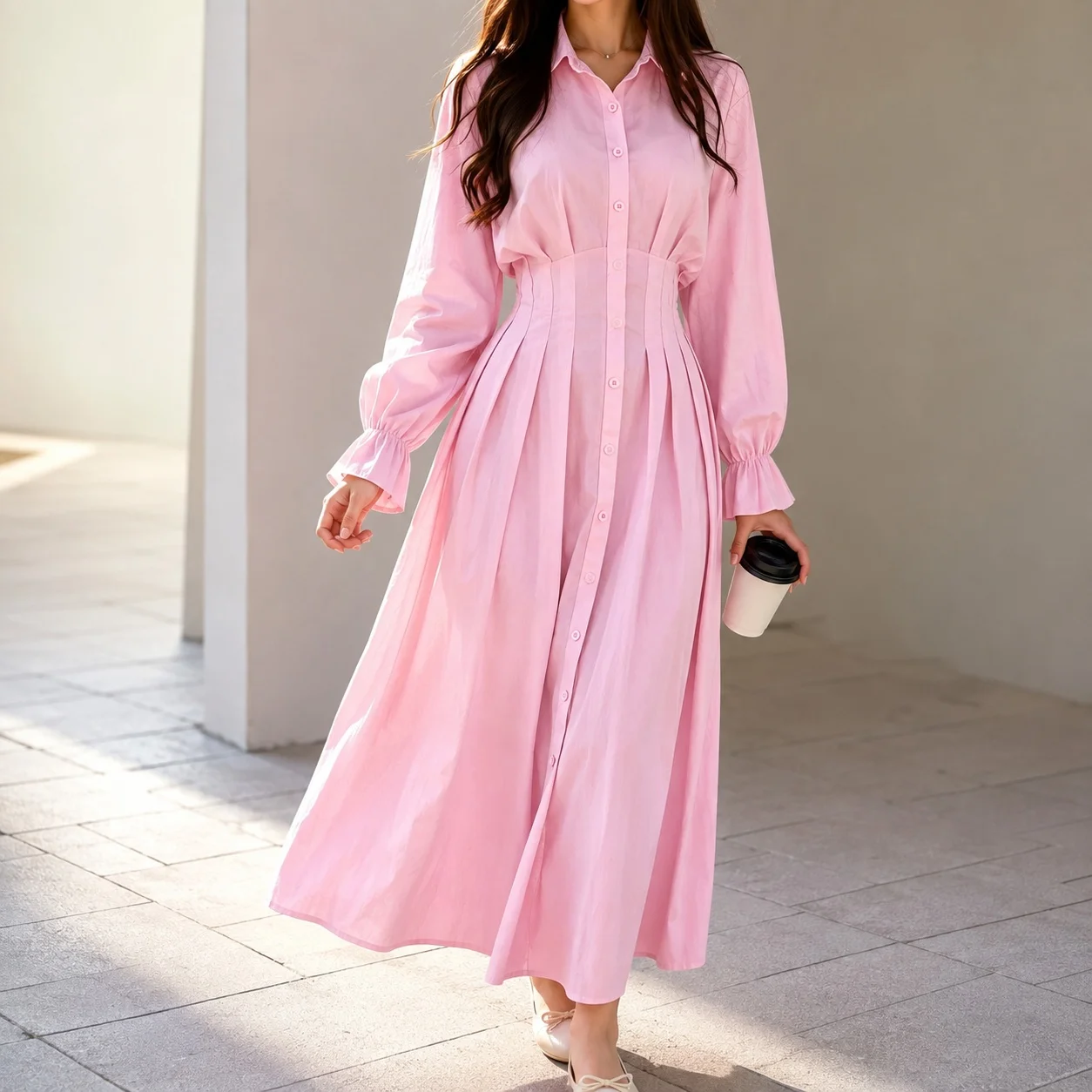 Long Sleeve Woven Dress Princess Skirt Elegant and Refined with Mid Waist Fitted Maxi Length Shirt Collar Daily Women Dress