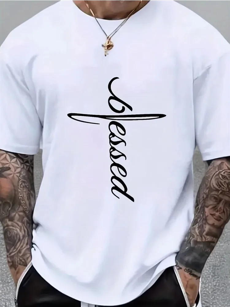 Camiseta Masculina de Verão 100% Algodão Pura, Moderna e Casual, Solta, com Estampa de Letras 'Faith Blessed', Gola Redonda e Manga Curta