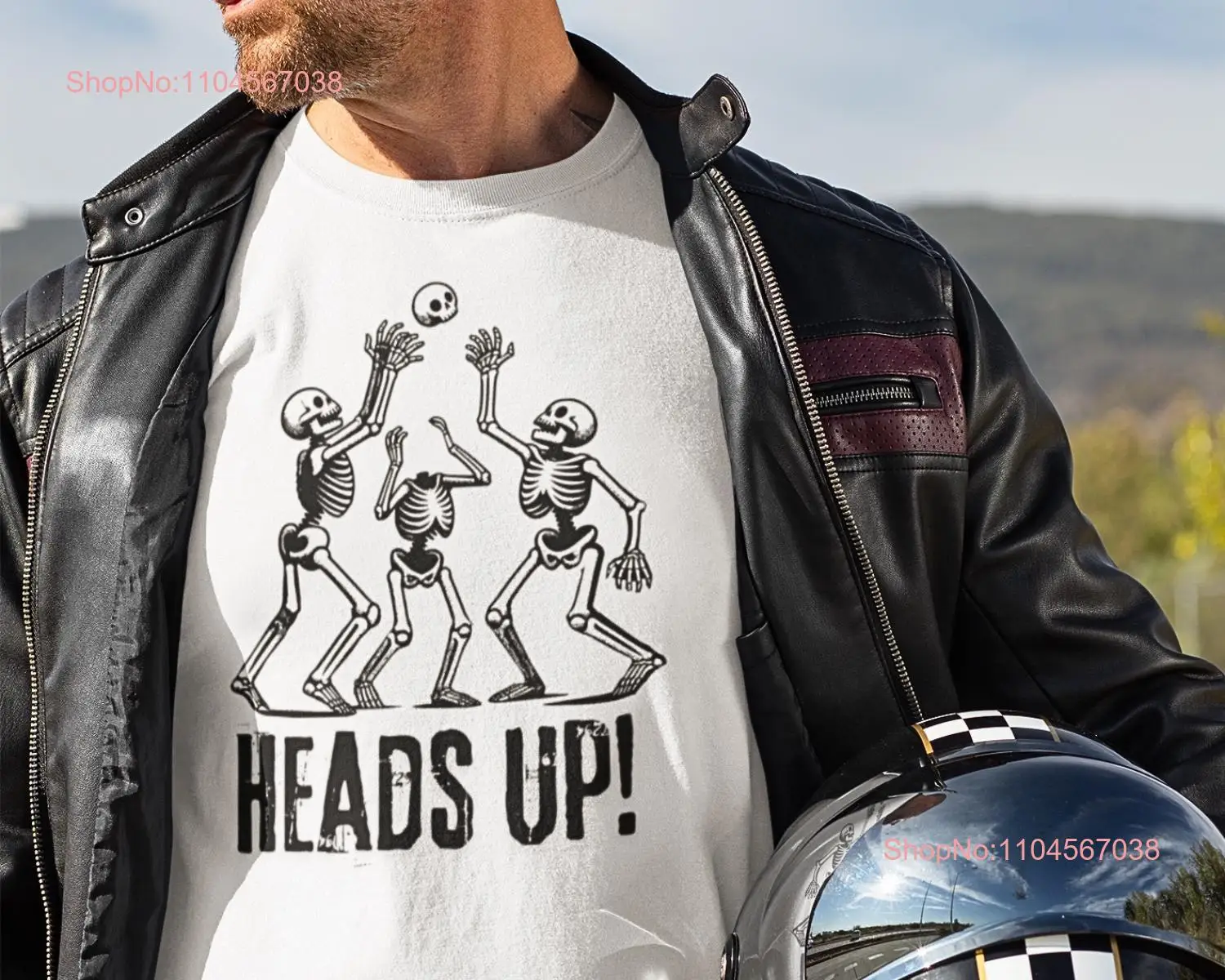 Skeleton Humor Heads Up Garment Dyed T shirt Funny Playing Keep Away with Skull Halloween Spooky Top