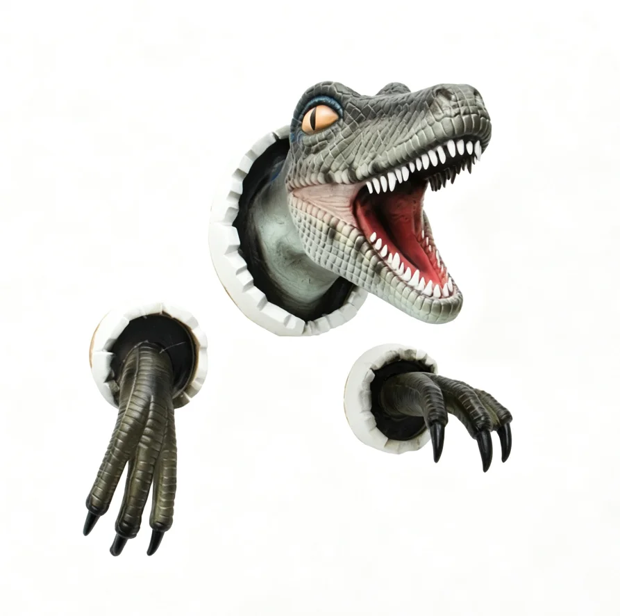Creative Resin Dinosaur Wall Sculpture, Burst Out Wall Dino Head & Paws Mount Ornament, 3D Art for Party Home Bar