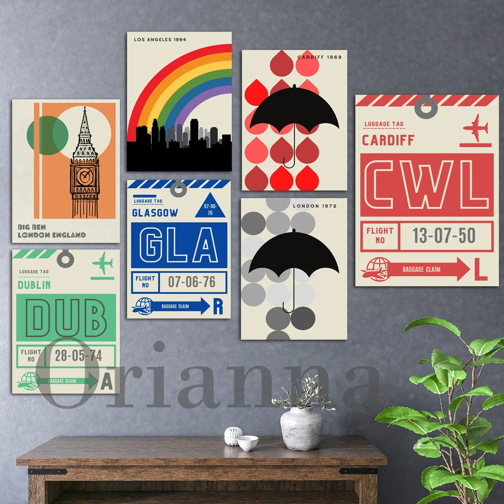 

Dublin Edinburgh Red Cardiff Rain Umbrella Big Ben Luggage Tag Melbourne New York London La Rainbow City Skyline Prints Posters