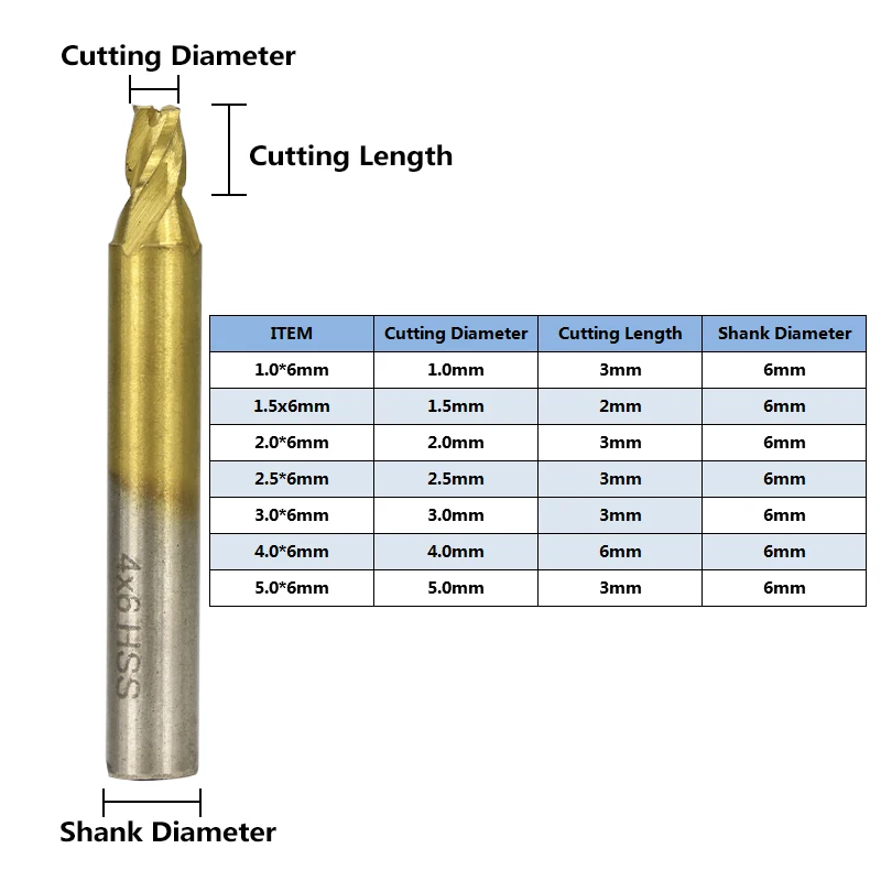 CMCP 1pc 6mm Shank Titanium Coated Key Cutting Machine End Milling Cutter 1/1.5/2.0/2.5/3.0/4.0/5.0mm Vertical Key Machine