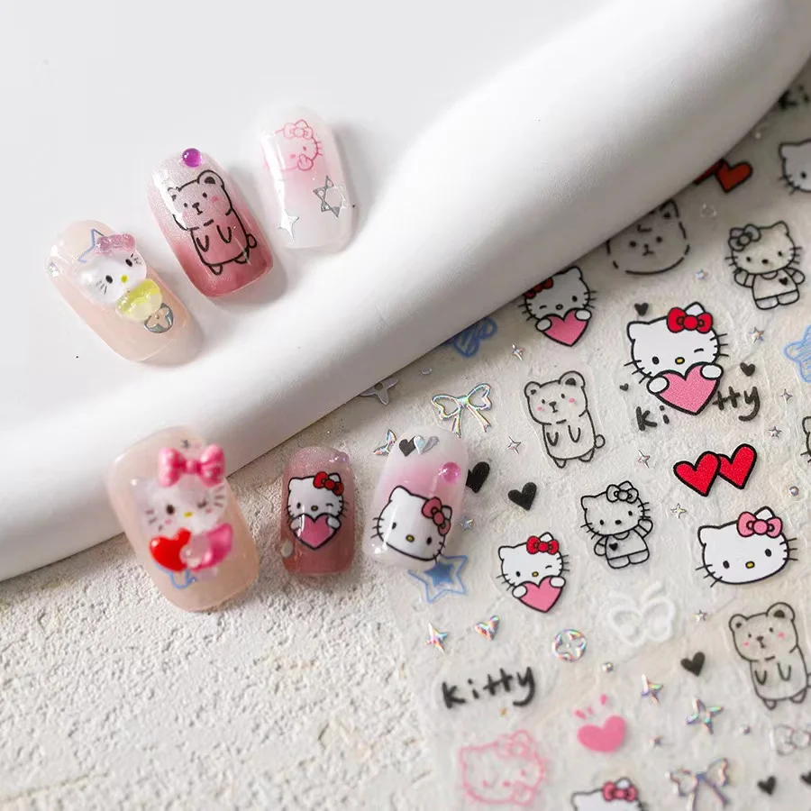 

1PCS 5D Embossed New Cartoon Hello Kitty Nail Sticker Cute Kuromi Stickers For Nails Nail Art Decoration Anime My Melody Sticker