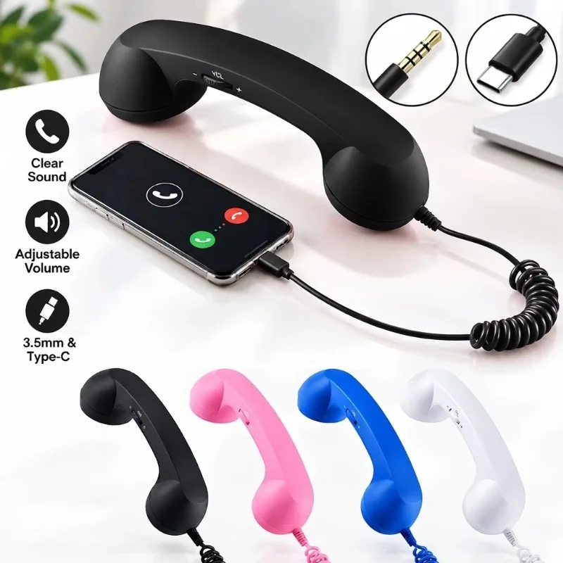 Type C/3.5mm Vintage Telephone Handset for Mobile Phone Retro Cell Phone Receiver with Volume Control Multi-Color