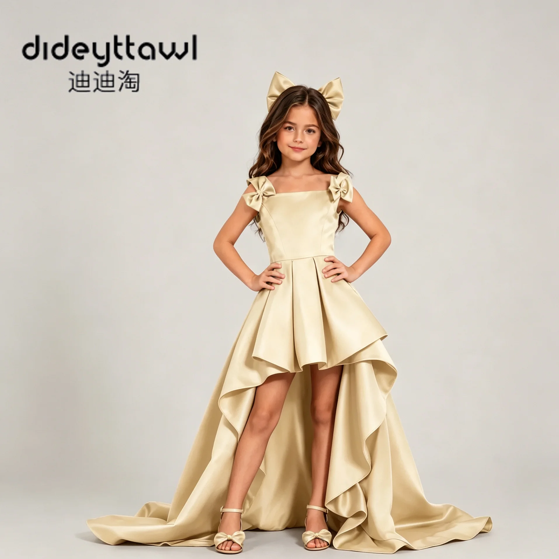 Dideyttawl Off Shoulder Bow Satin Flower Girl Dress High Low Long Train Pleated Multi Colors Kid Wedding Pageant Party Prom Gown