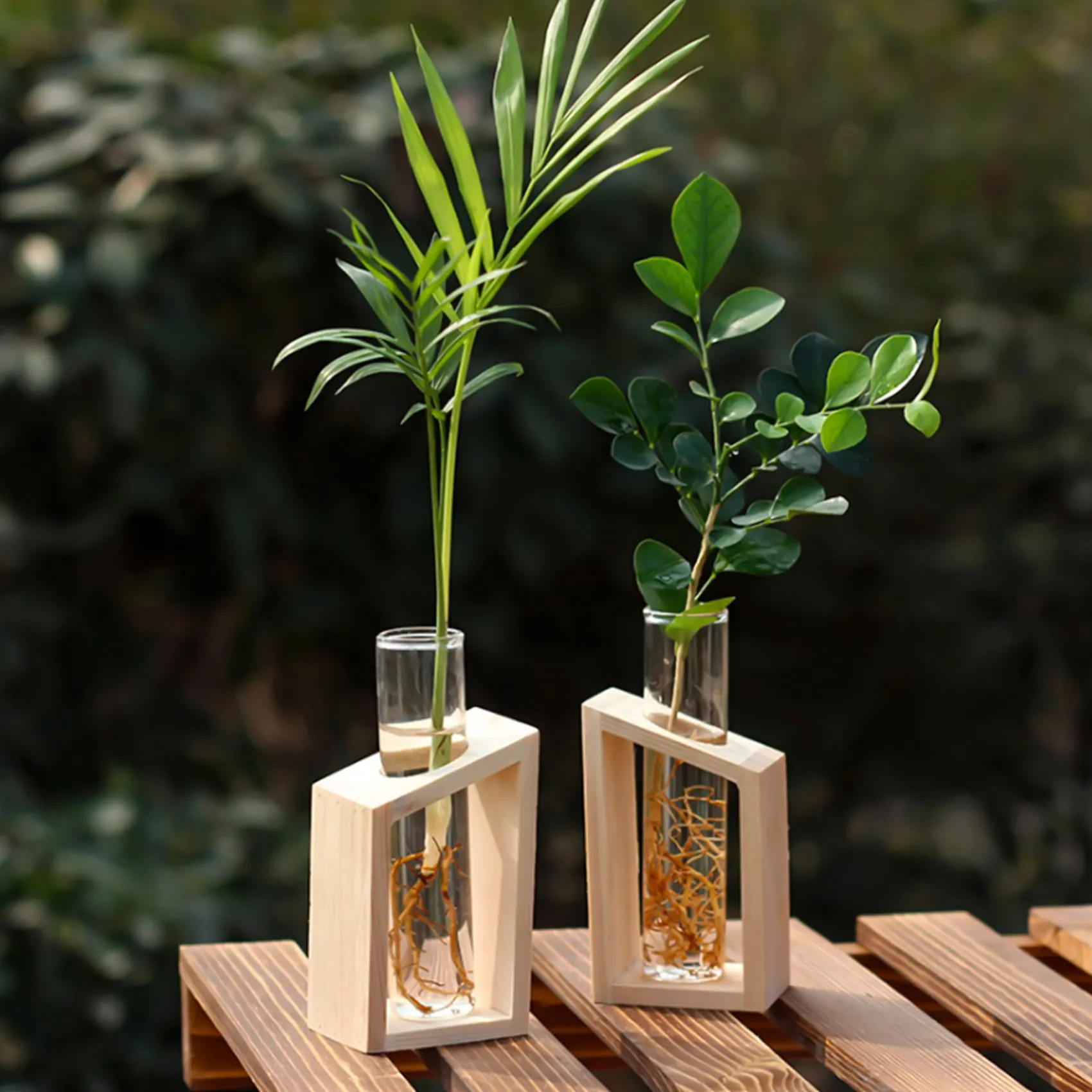 ABUL-Crystal Glass Test Tube Vase In Wooden Stand Flower Pots For Hydroponic Plants Home Garden Decoration