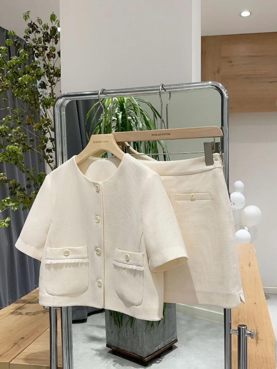 Nok Xiaola Authentic  Brand LK Summer New round Neck Short Jacket Half Skirt True to Size Commute Style Polyester Blend