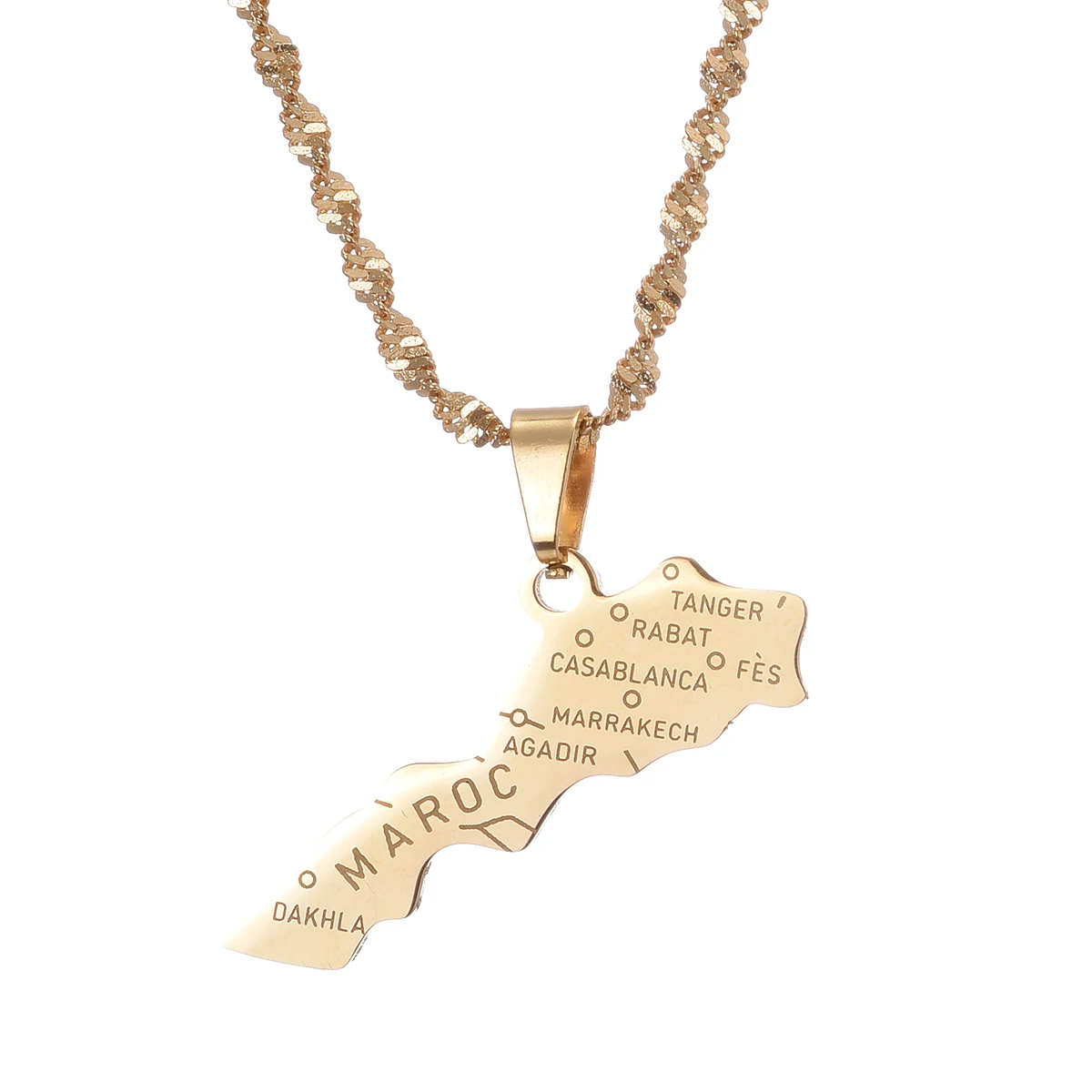 Maroc Map & Cities Name Pendant Necklace Gold Color Jewelry for Women Men Morocco Map