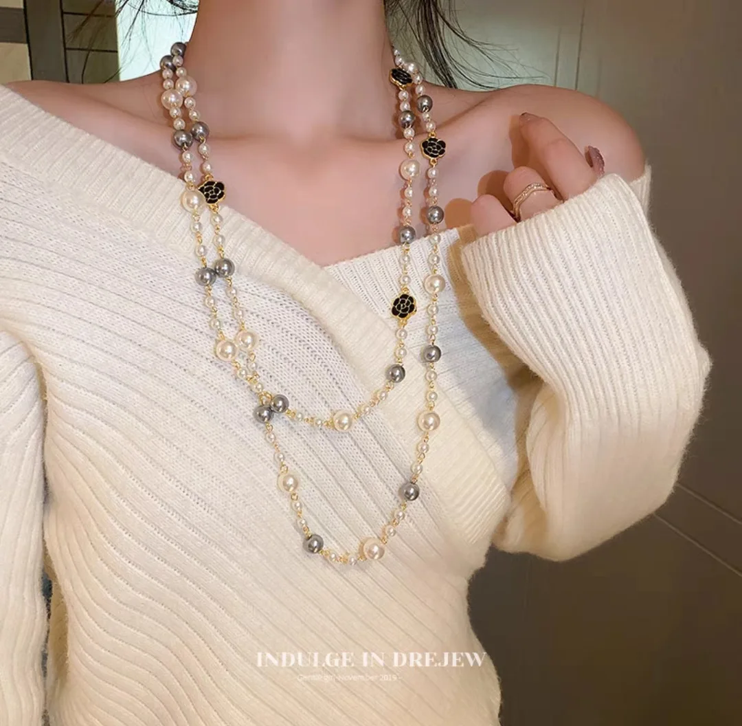 2024 New Simulated Pearl Long Necklace For Women Classic Rose Sweater Chain