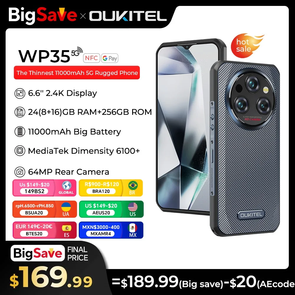 Oukitel WP35 5G 견고한 스마트폰, 11000 mAh, 24GB + 256GB 휴대폰, 안드로이드 14, 64 MP NFC 휴대폰 