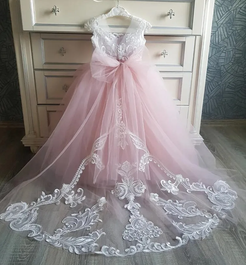 

Girls Dresses For Party And Wedding Pink Tulle Lace Flower Girl Dress Princess Communion Junior Bridesmaid Kids Clothes Girls