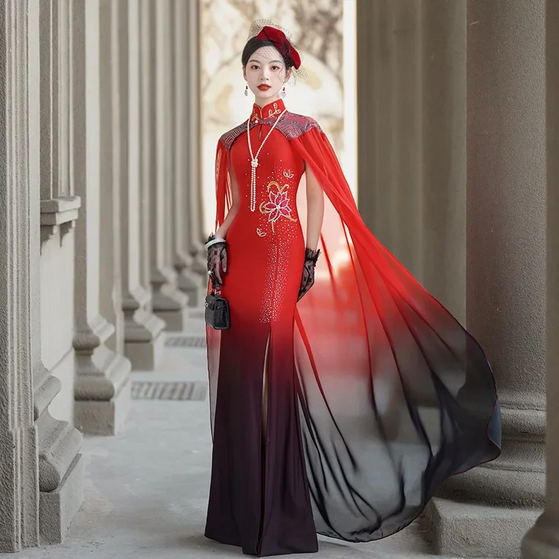 

2025 New Chinese Modal Show Dress Elegant Mandarin Collar Slim Long Evening Cheongsam Sexy Wedding Party Dress With Cloak